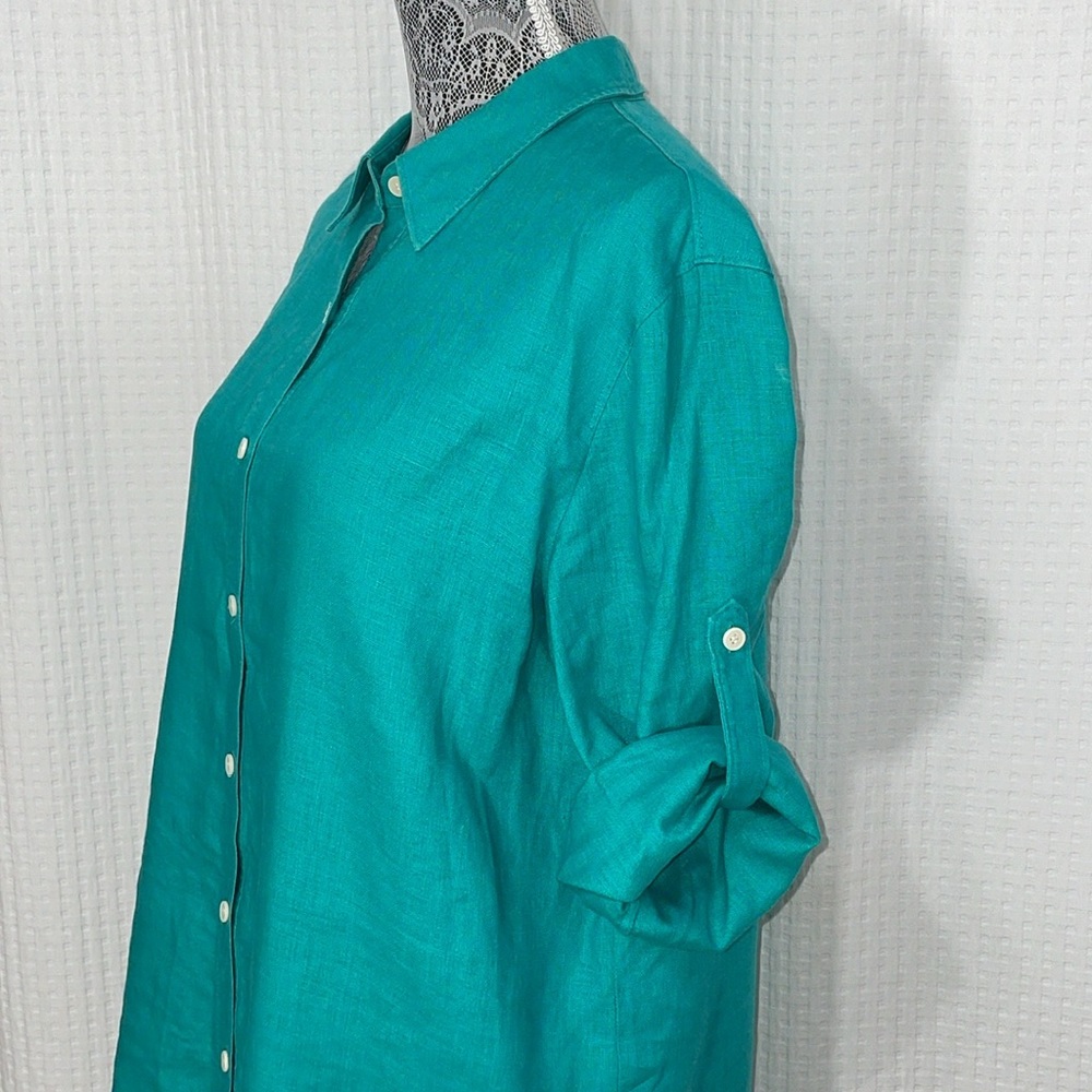 Lafayette 148 New York women's Size 10 teal green linen button up shirt. - Picture 4 of 8